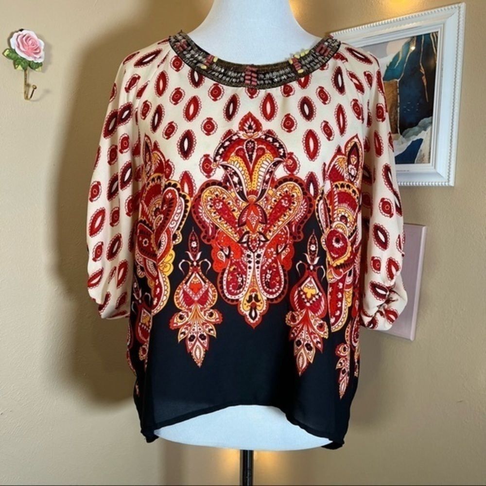Francesca's Miami | Boho Bead Embellished Paisley Hippie Blouse Sz Medium